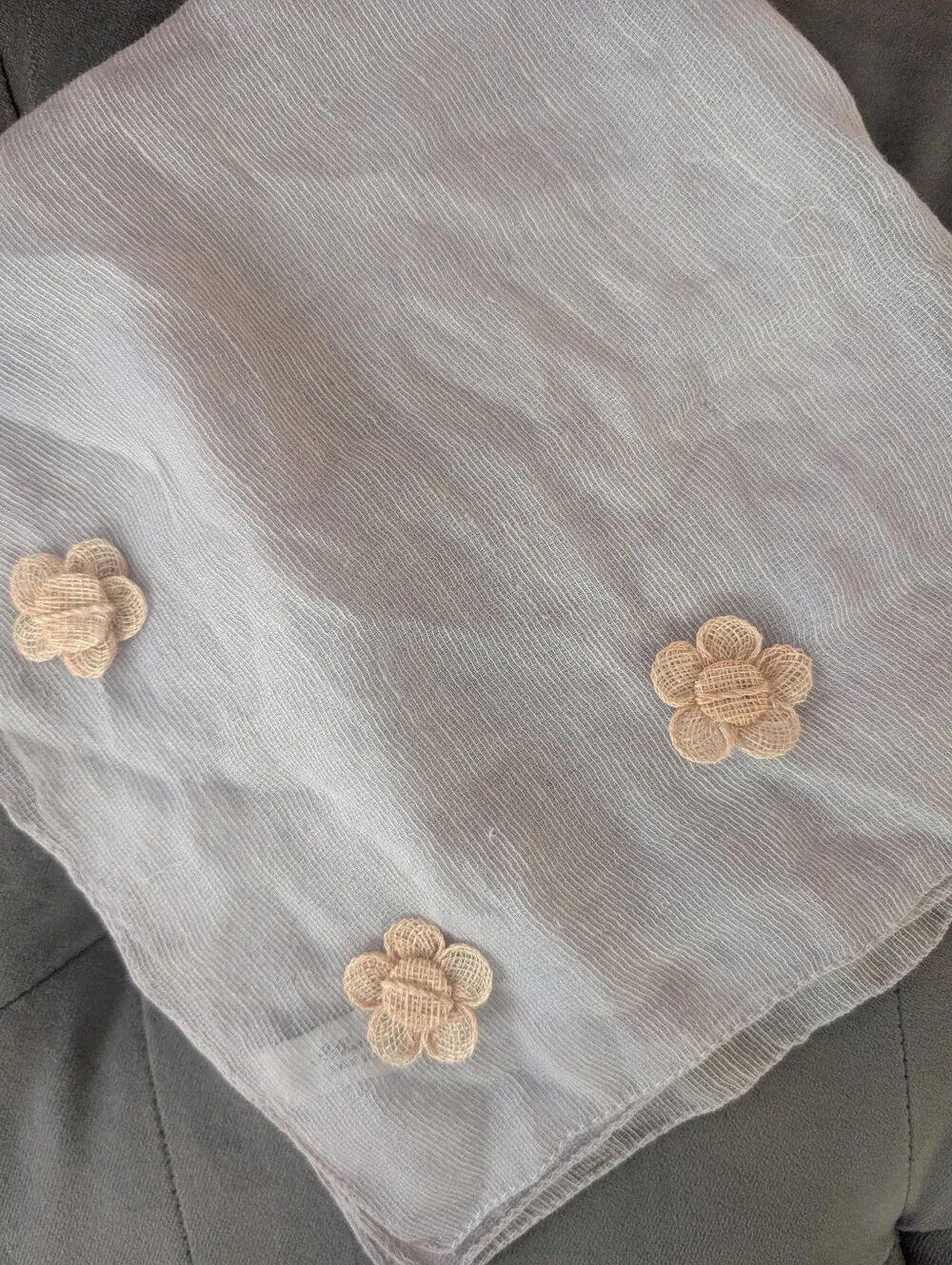 Silk grey scarf w crochet like flowers, made in Italy